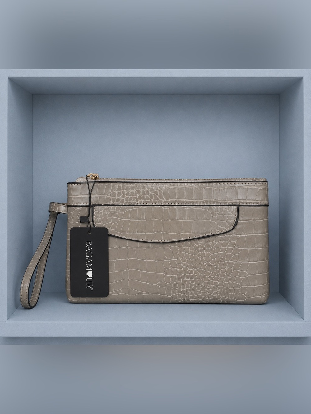 BAGAMOUR Taupe Croc Embossed Wristlet Clutch NWT